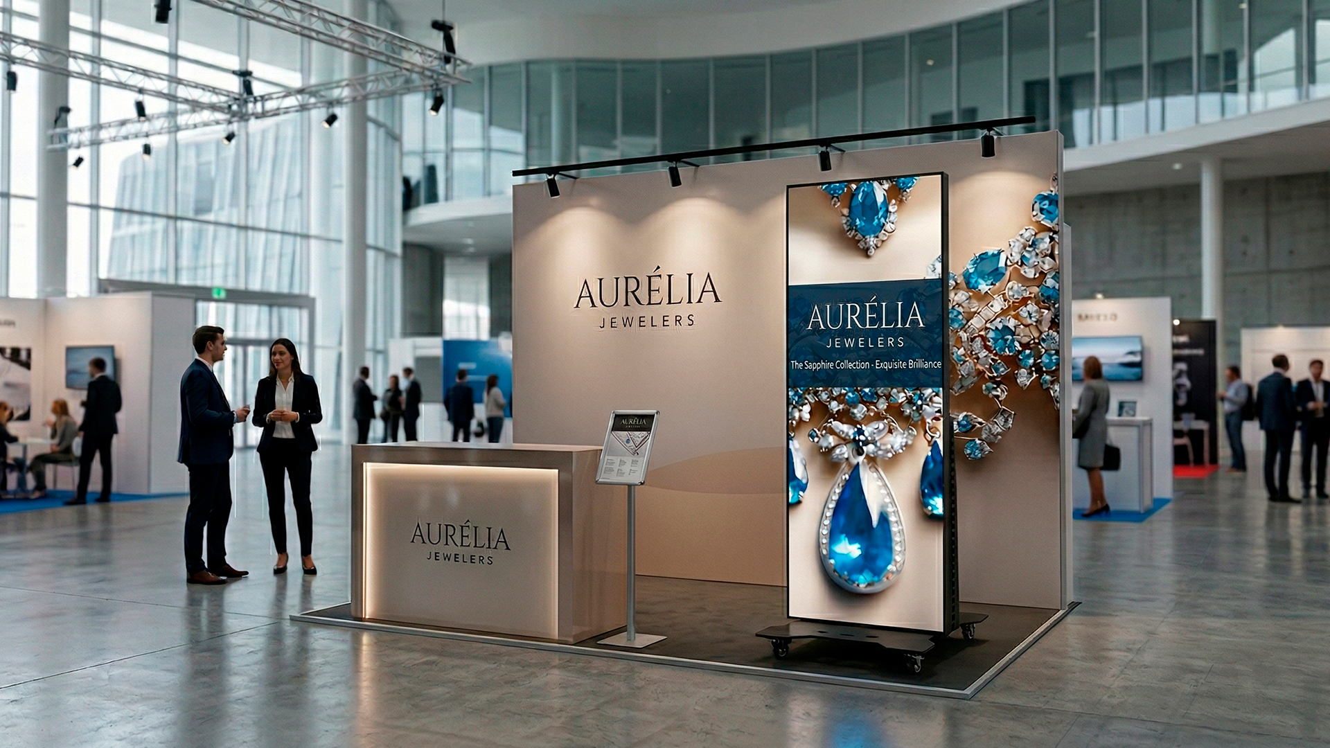 Montaje de pantalla led vertical totem led para stand corporativo