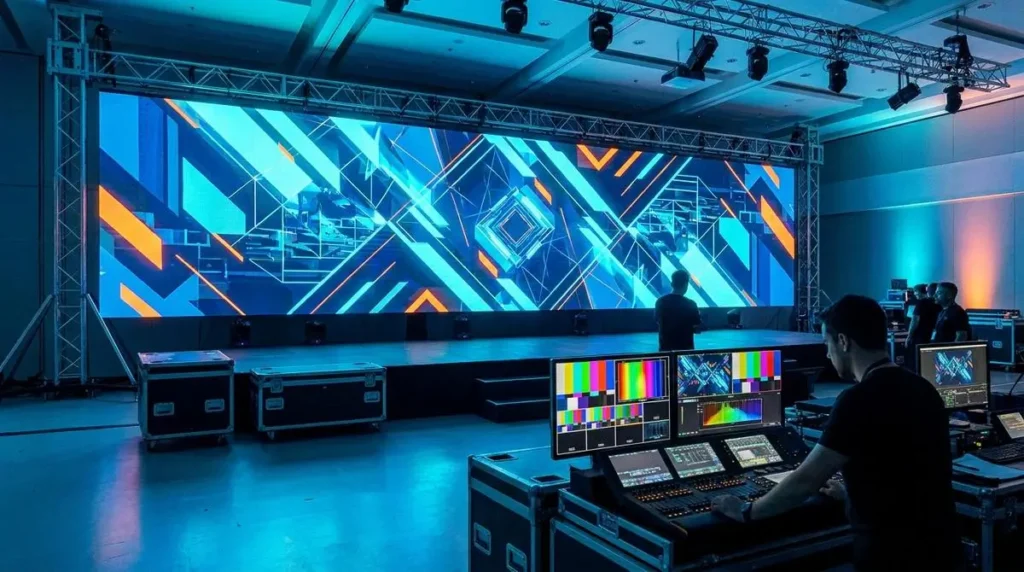 Pantalla LED en evento corporativo B2B con luces azules y naranjas.