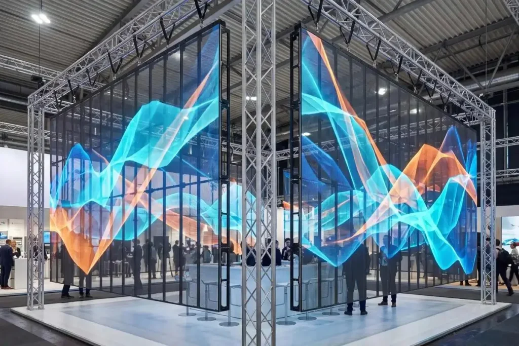 Pantallas LED transparentes con gráficos en feria corporativa